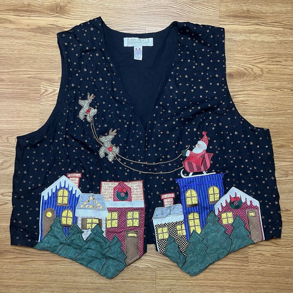 Karen Scott Xmas Cotton Vest Embroidered Sz 2X Santa Claus W Sleigh Tie Back